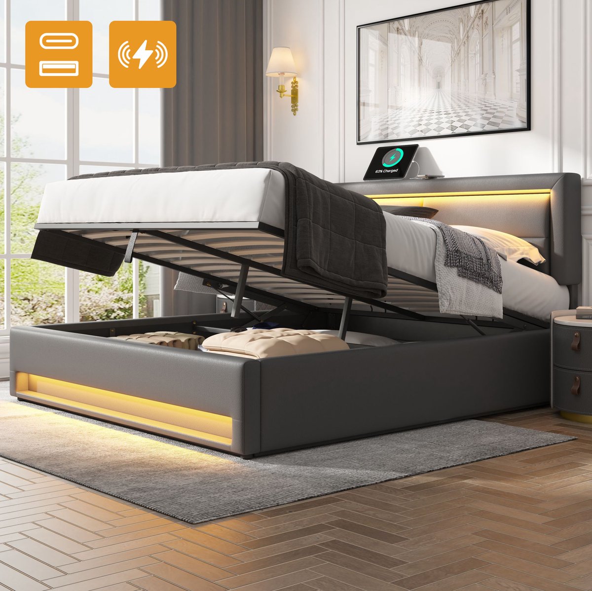 MEUNIQ gestoffeerd bed 140x190 cm met USB en draadloos opladen, LED-verlichting, opbergruimte en lattenbodem voor slaapkamer, grijs, zonder matras