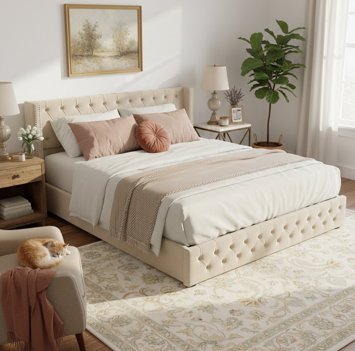 MEUNIQ gestoffeerd opbergbed 160x200 cm met hydraulische opbergruimte, lattenbodem en hoog hoofdbord in Chesterfield-stijl voor de slaapkamer, beige