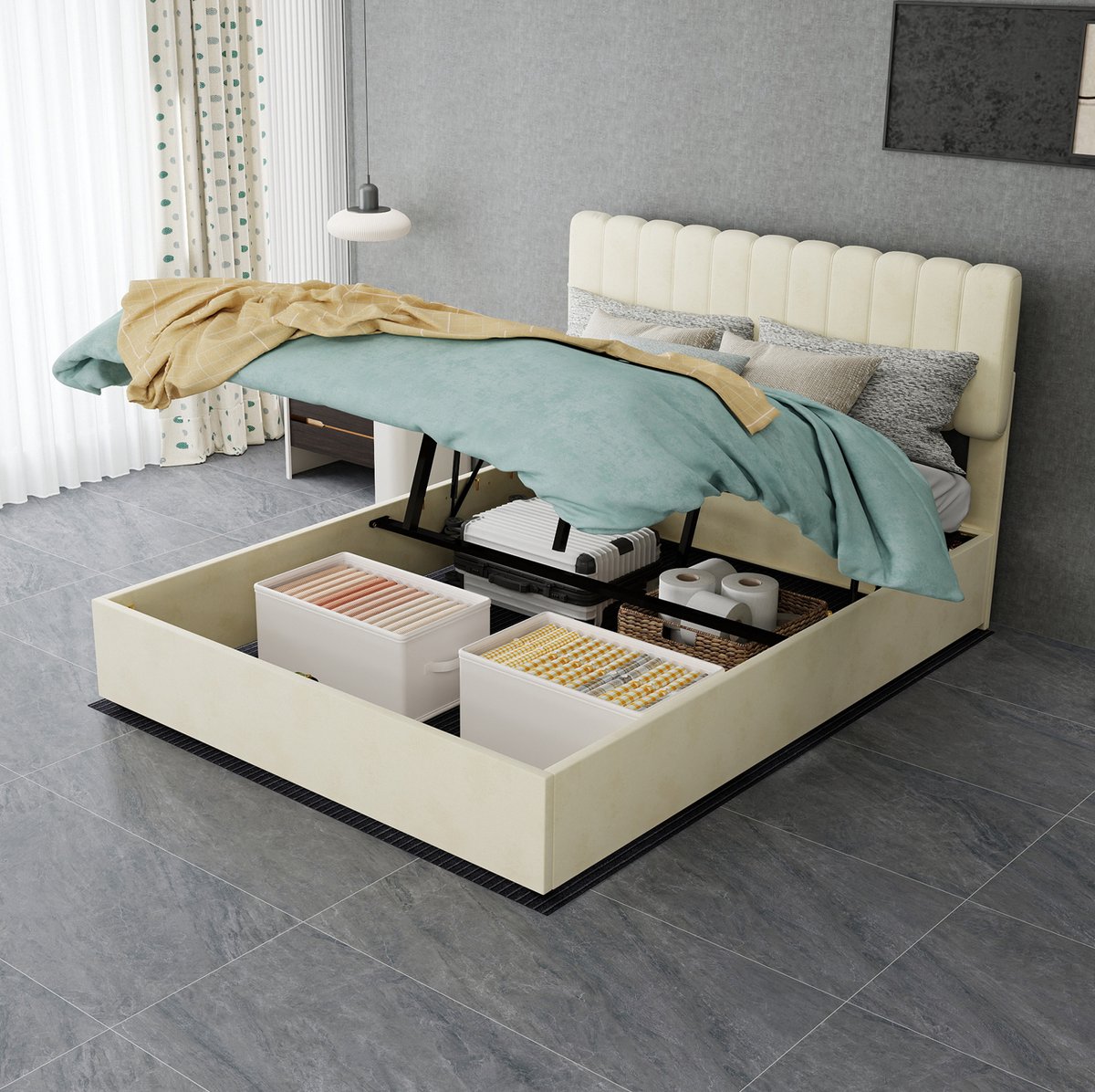MEUNIQ gestoffeerd bed 140x200 cm met opbergruimte en gaslift, hoog hoofdbord, lattenbodem, tweepersoons bedframe voor slaapkamer, beige