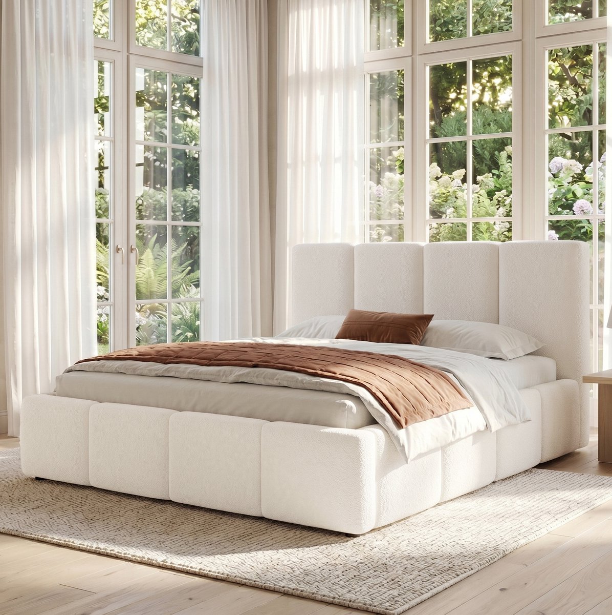 MEUNIQ gestoffeerd tweepersoonsbed 180 x 200 cm met lattenbodem, gevoerd hoofdbord en Bouclé stof, bedframe 222 x 202 x 94 cm voor de slaapkamer, beige