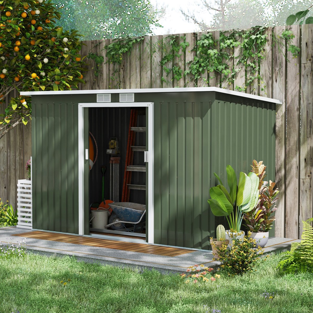 Tuinhuis Metaal, Metalen Schuurtje, Tuinberging Metaal, Gereedschapsschuur, Tuinschuur, Berging Met Schuifdeur, Ventilatieraam, Lessenaarsdak, Buiten, Staal, Lichtgroen, 280 X 130 X 172 Cm
