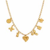 Gouden bedelketting met hart, beer, klaver, bloem, vlinder en vierkant.