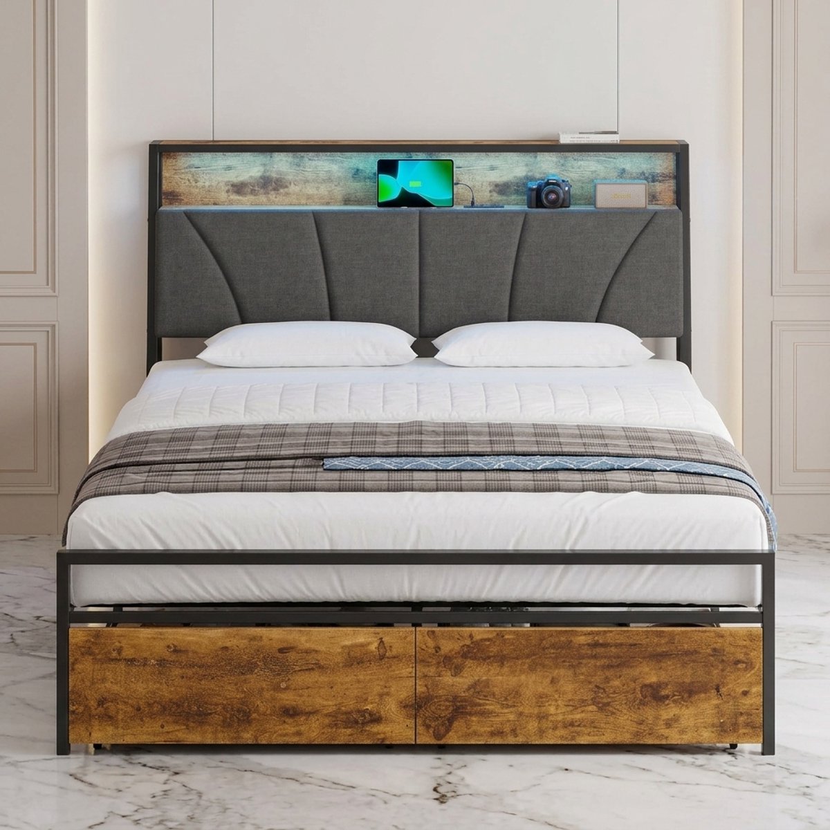 Luxe Opbergbed 140x200 cm met LED Verlichting, USB Laadstation & Stopcontacten – Modern Gestoffeerd Tienerbed/Tweepersoonsbed met Metalen Lattenbodem en 2 Grote Laden – Grijs Medahomestore