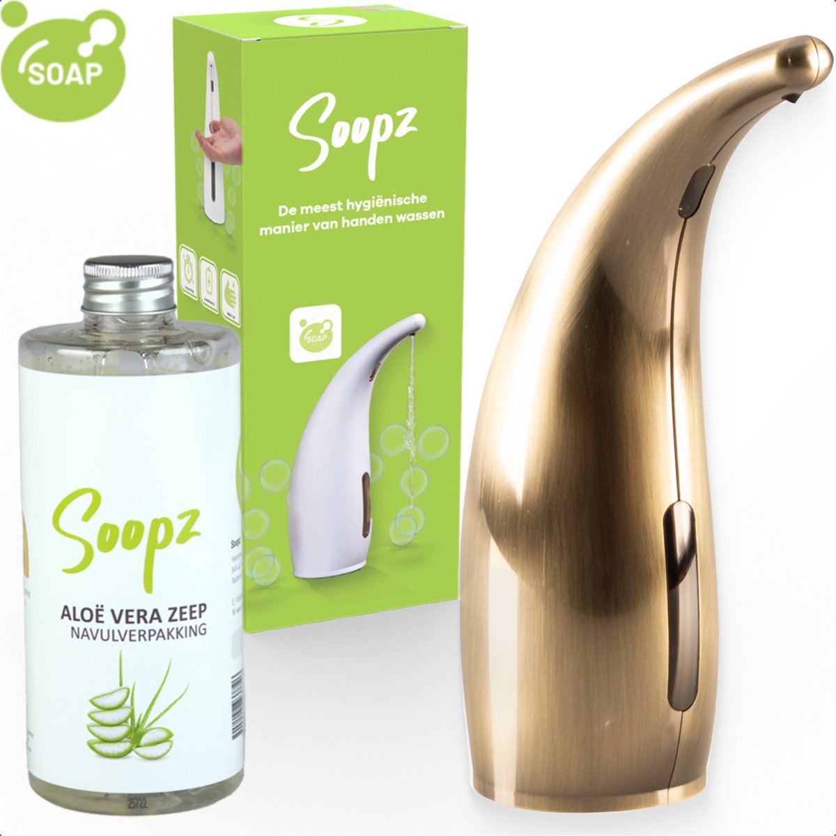 Soopz Automatische Zeepdispenser – Goud – Gold Brushed Classic – Zeeppompje met Bewegingssensor – Met Aloë Vera Zeep