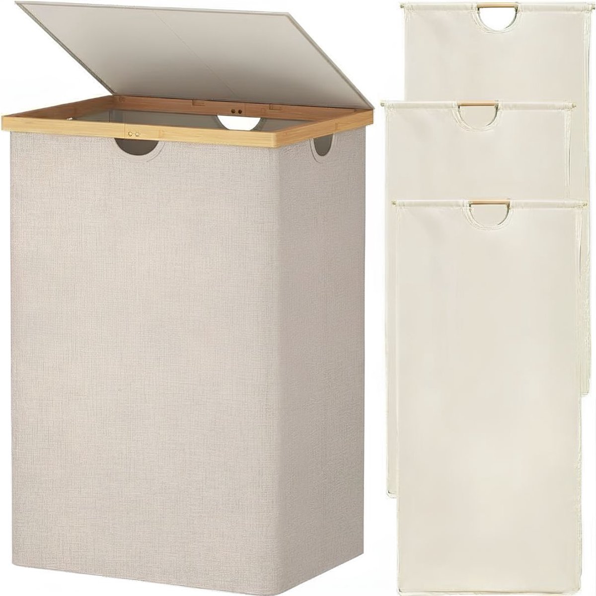 SP® Wasmand - 170L Wasmand 3 Vakken - Wasmand met Deksel - Beige - 54cm x 40cm x 80cm