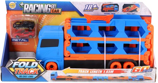 KiddyGo auto transporter speelgoed vrachtwagen met racebaan en 2 metalen auto's.