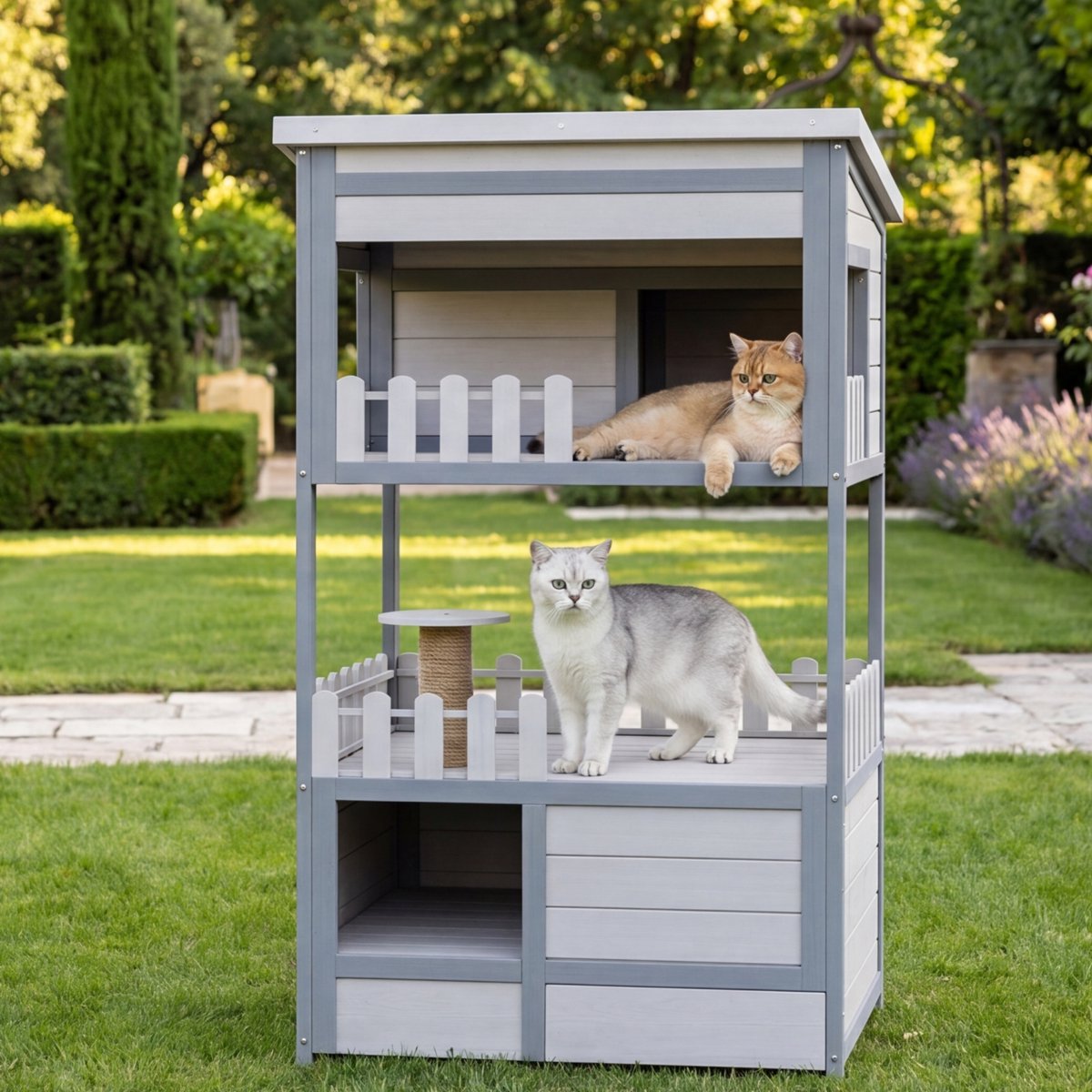 PHOEBE CAT Kattenhuis voor buiten - Van sparrenhout - Weerbestendig huisje voor huisdieren - Met kattenbaklade - Grijs