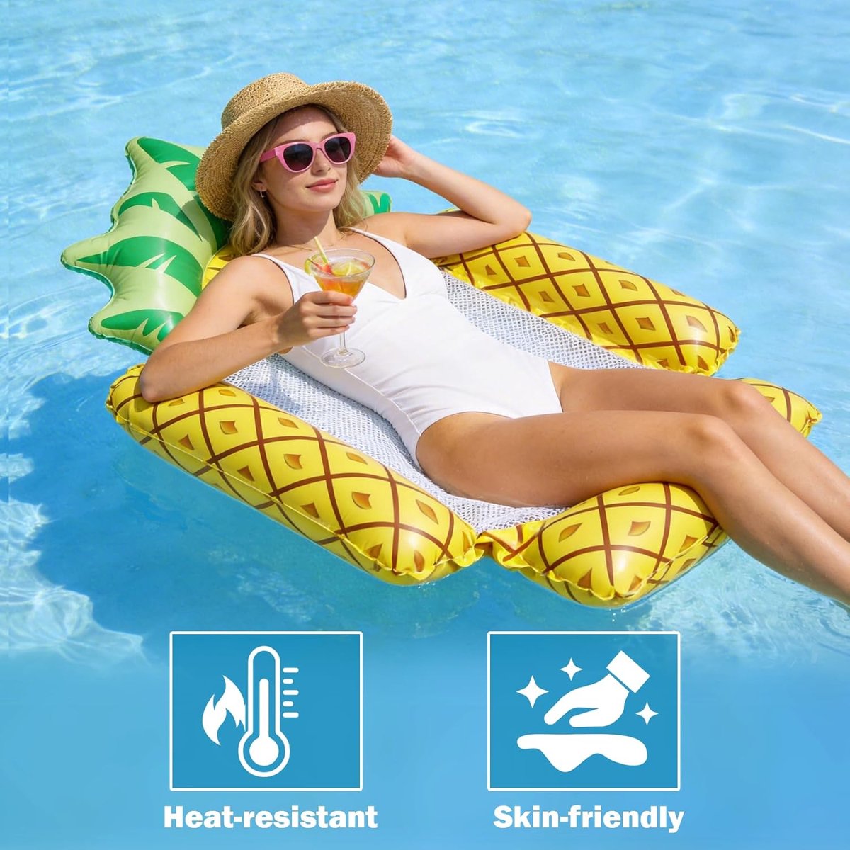Luchtbed zwembad - Opblaasbare zwembad - Opblaasband - Opblaasbare Ananas Zwembadfloat - Waterhangmat met Mesh Bodem - Pool Float voor Volwassenen - Drijvende Ligstoel voor Zwembad en Strand - Opvouwbare Watermat 148 x 125 cm - Zomer Wateraccessoire