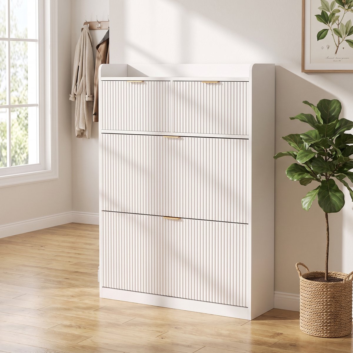MEXUS Schoenenkast, Schoenenkast Hal, Houten Schoenenkast met 2 Lades en 2 Neerklapbare Deuren, Geschikt Sneakers, Canvas Schoenen Casual Schoenen, Schuin Worden Opgeborgen Ruimte te Besparen Wit