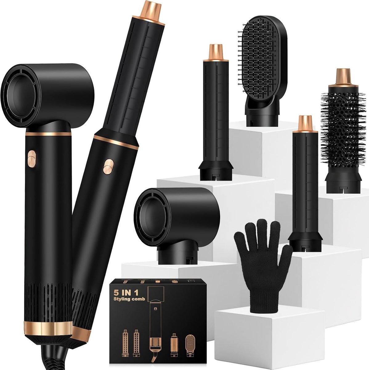 5-in-1 Blowdry-borstel – 1000W Föhn – Luchtstyler met 5 Accessoires – Blowdry-borstel – Krultang – Thermische Borstel – Strijkborstel – Föhn voor Drogen, Krullen, Stijlen