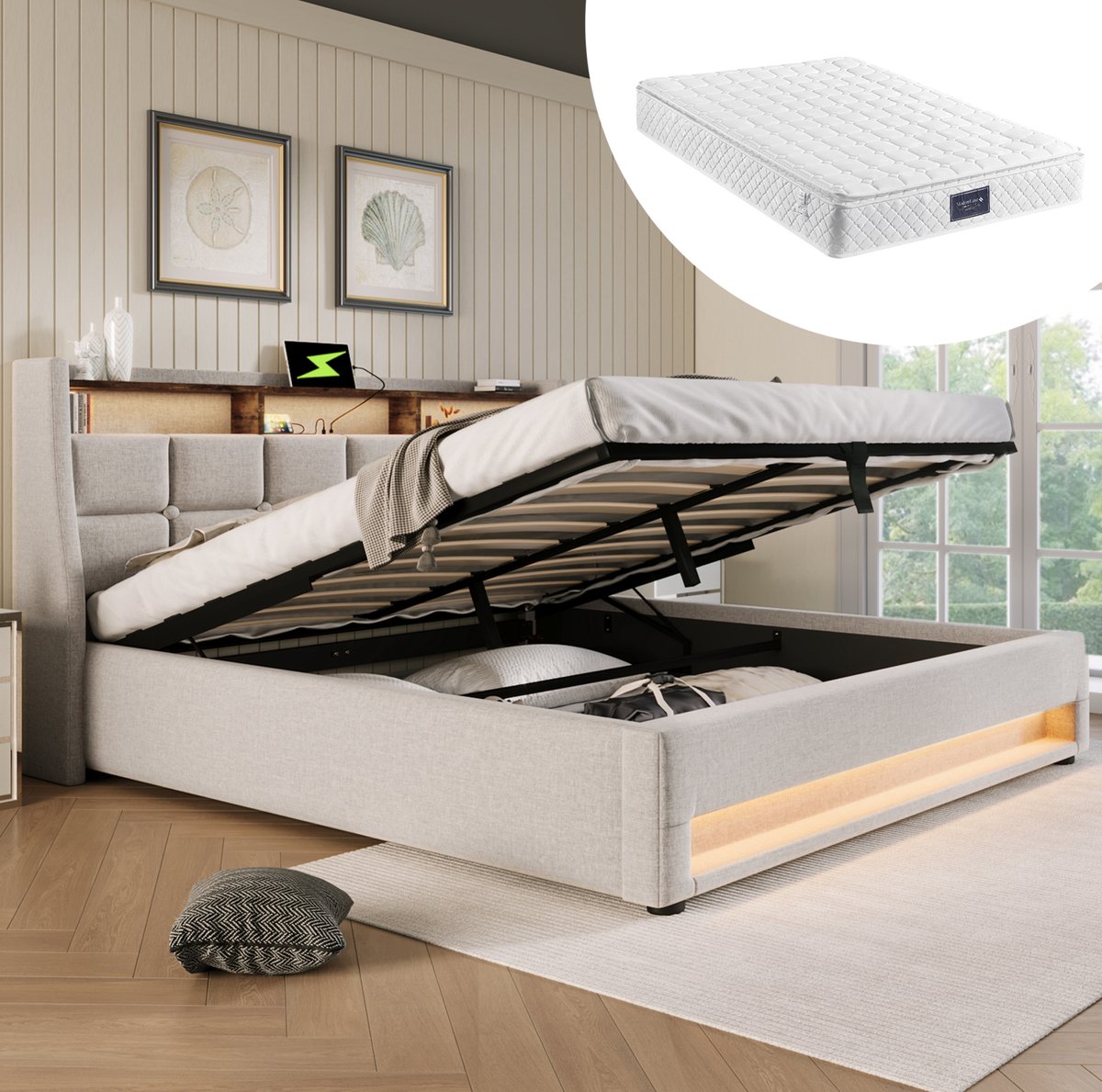 MEUNIQ gestoffeerd tweepersoonsbed 140x200 cm met LED, 2 USB-poorten, opbergruimte en lattenbodem, bedframe voor slaapkamer in beige Lichtbeige