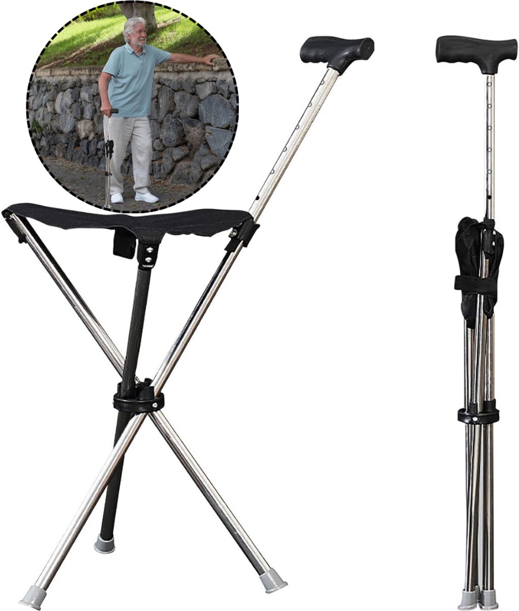 CRLYN® Wandelstok met zitje - Opvouwbare stoel - Rustmomenten onderweg - Zwart