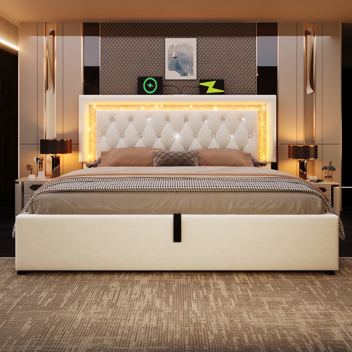 MEUNIQ gestoffeerd tweepersoonsbed 160x200 cm met matras, LED-hoofdbord, USB en Type-C laadpunt, hydraulische opbergruimte en lattenbodem, beige