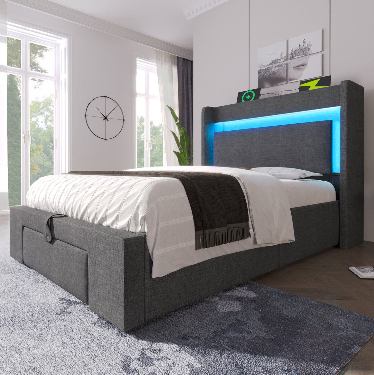 MEUNIQ gestoffeerd bed 90x200 cm met hydraulische opbergruimte, bedlade, LED-verlichting, USB en USB-C, lattenbodem, grijs, eenpersoons bedframe zonder matras