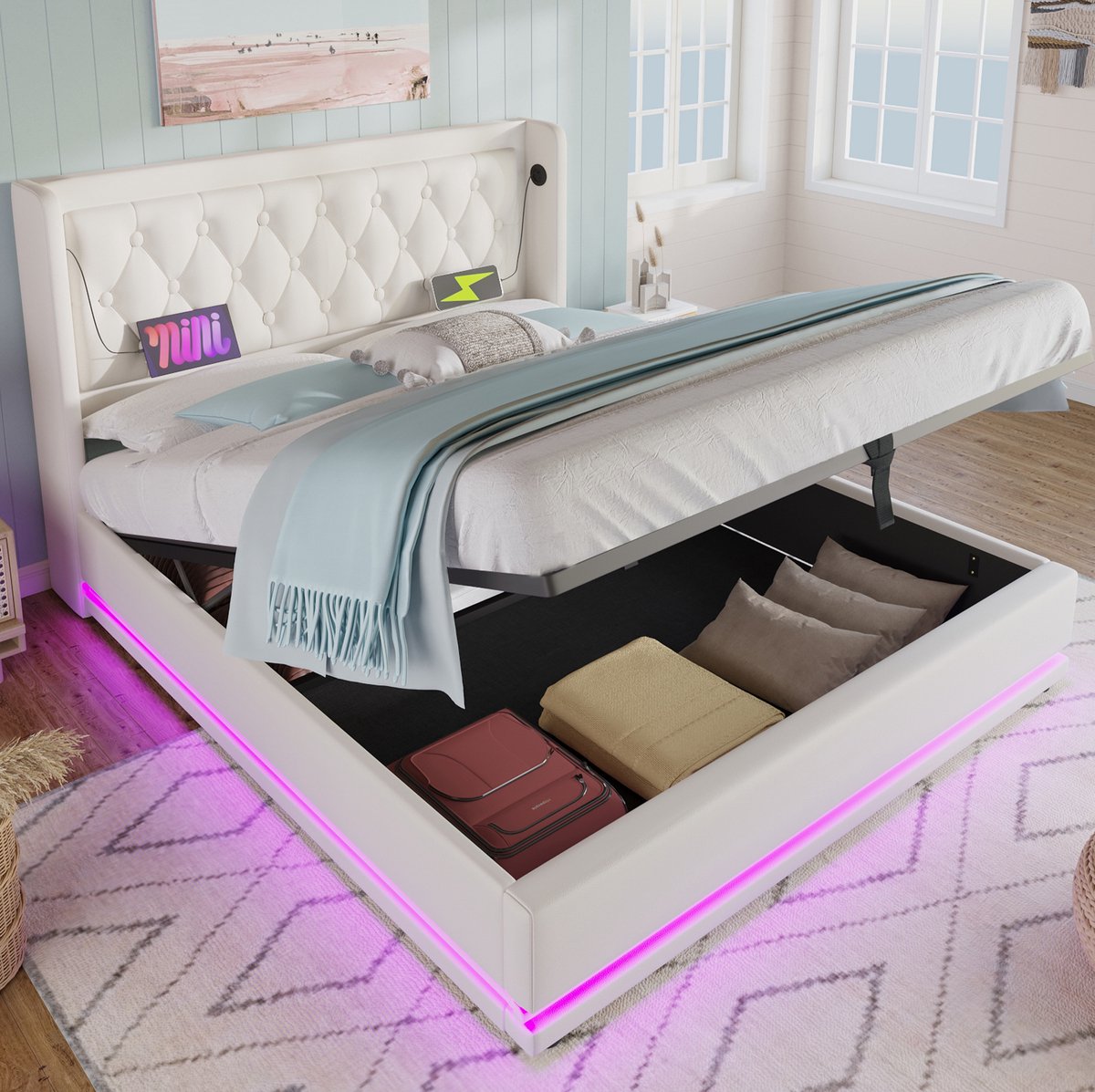 MEUNIQ tweepersoons bedframe 180x200 cm met hydraulische opbergruimte, gestoffeerd hoofdbord met USB en Type-C, 3-zijdige LED-verlichting, wit