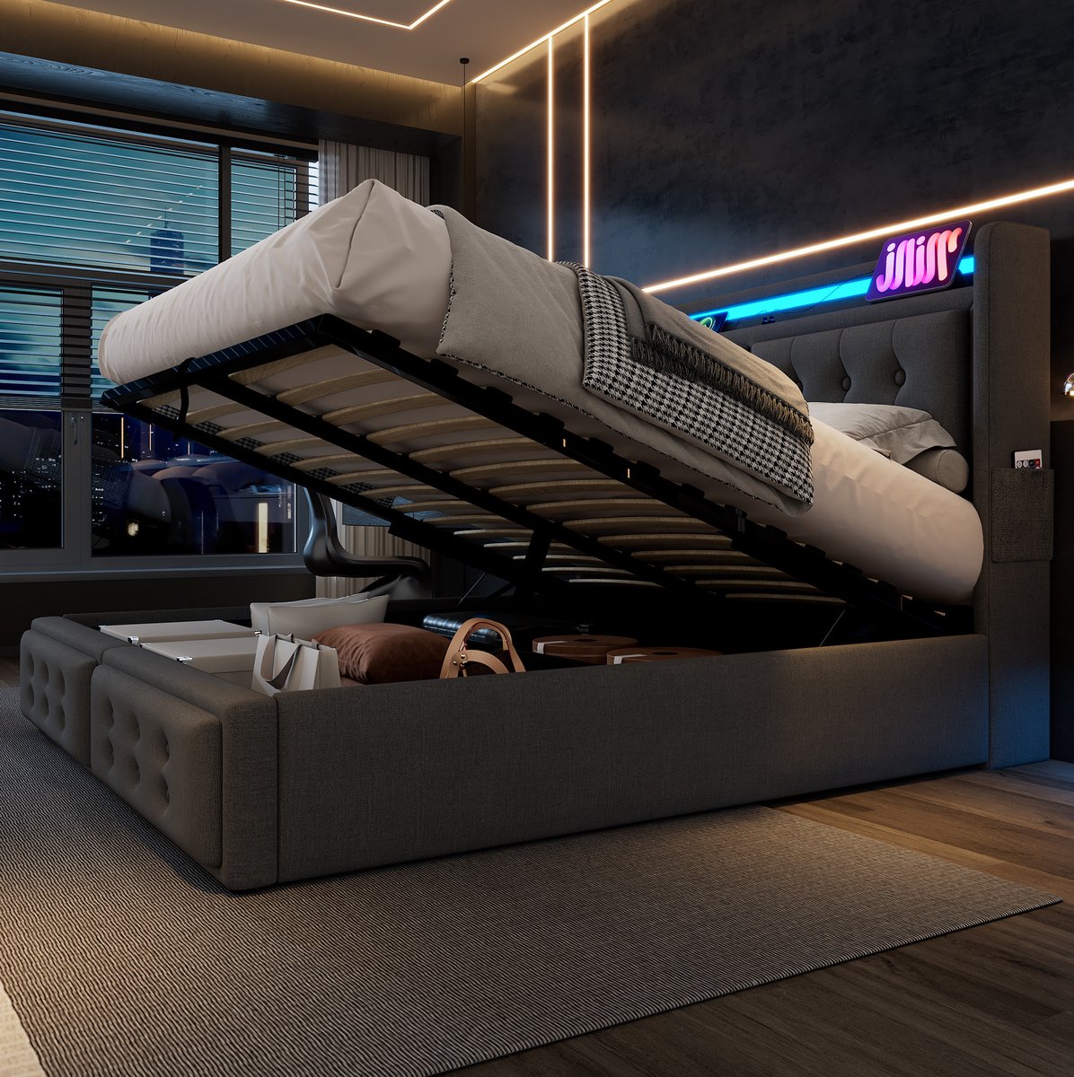 MEUNIQ tweepersoons bed 180x200 cm met opbergruimte, LED-hoofdbord, USB-C en stopcontacten, hydraulisch bedframe met lattenbodem, grijs