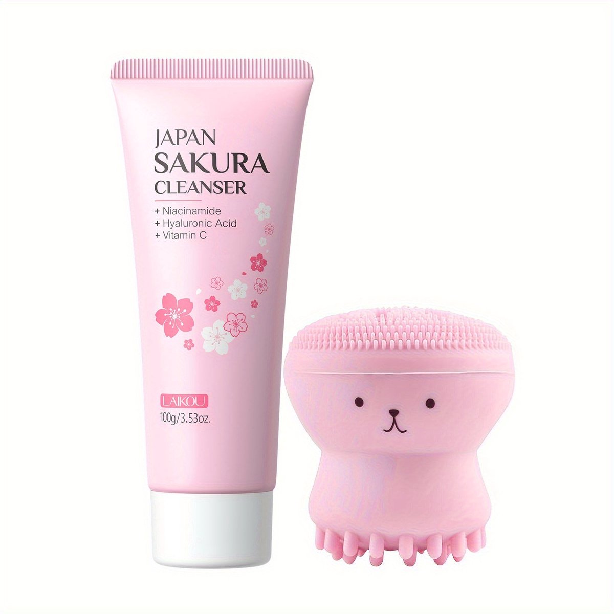 LAIKOU Japan Sakura Gezichtsreiniger met Siliconen Gezichtsborstel - 100g - Niacinamide, Hyaluronzuur & Vitamine C