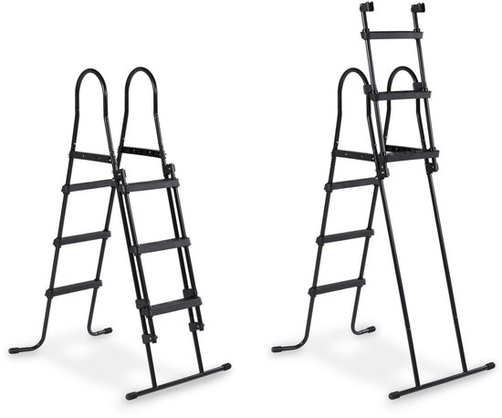 Zwarte zwembadtrap met leuningen, in twee configuraties.