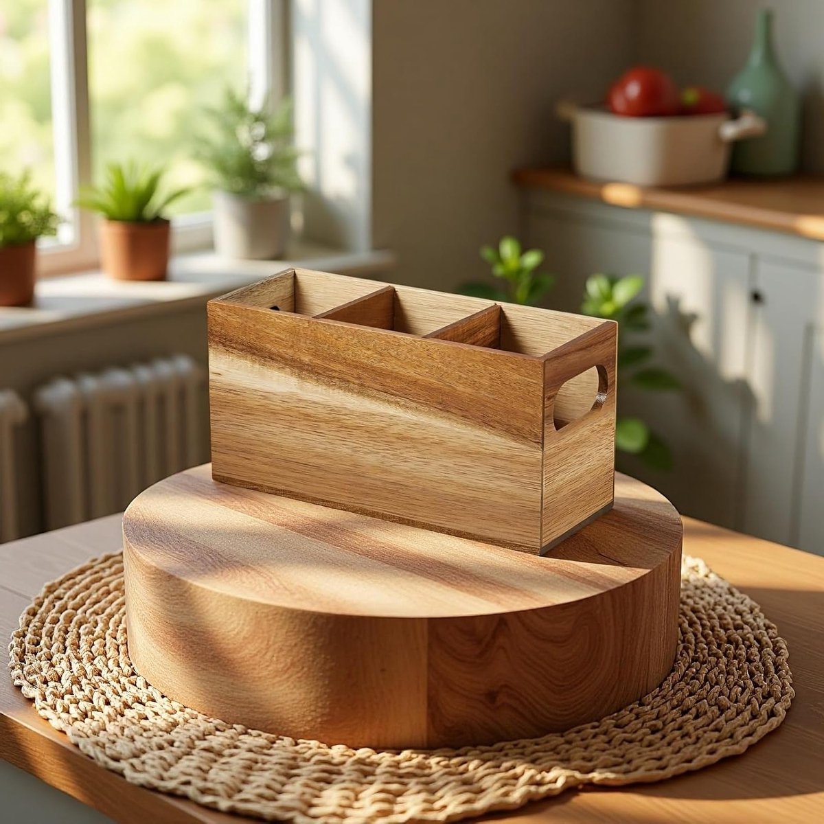 Gebruiksvriendelijke houten caddy met 3 compartimenten en verwijderbare verdelers voor kookgereedschap, ideaal voor keuken en eettafel, originele houtkleur en multifunctioneel ontwerp