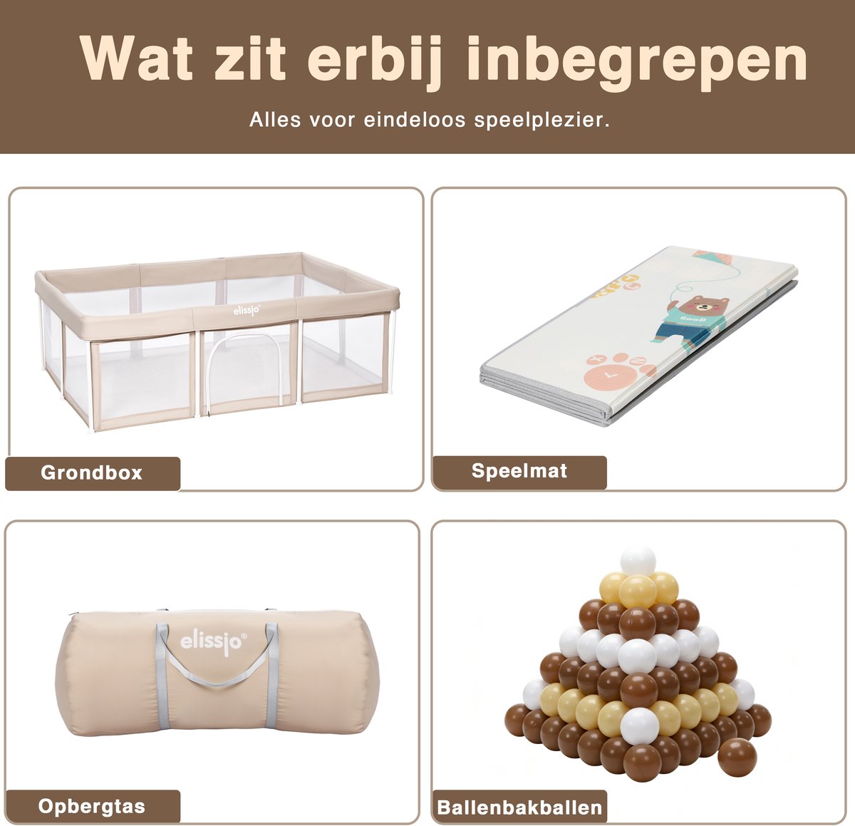 Elissio® - Grondbox Baby - Inklapbare Speelbox met Dubbelzijdige Speelmat & 50 Ballen - Kruipbox - Kinderbox - Playpen Baby - 180x120 CM - Beige – foto 7