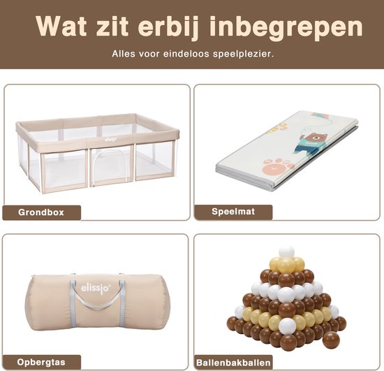 Inhoud van de beige grondbox: grondbox, speelmat, opbergtas en ballenbakballen.