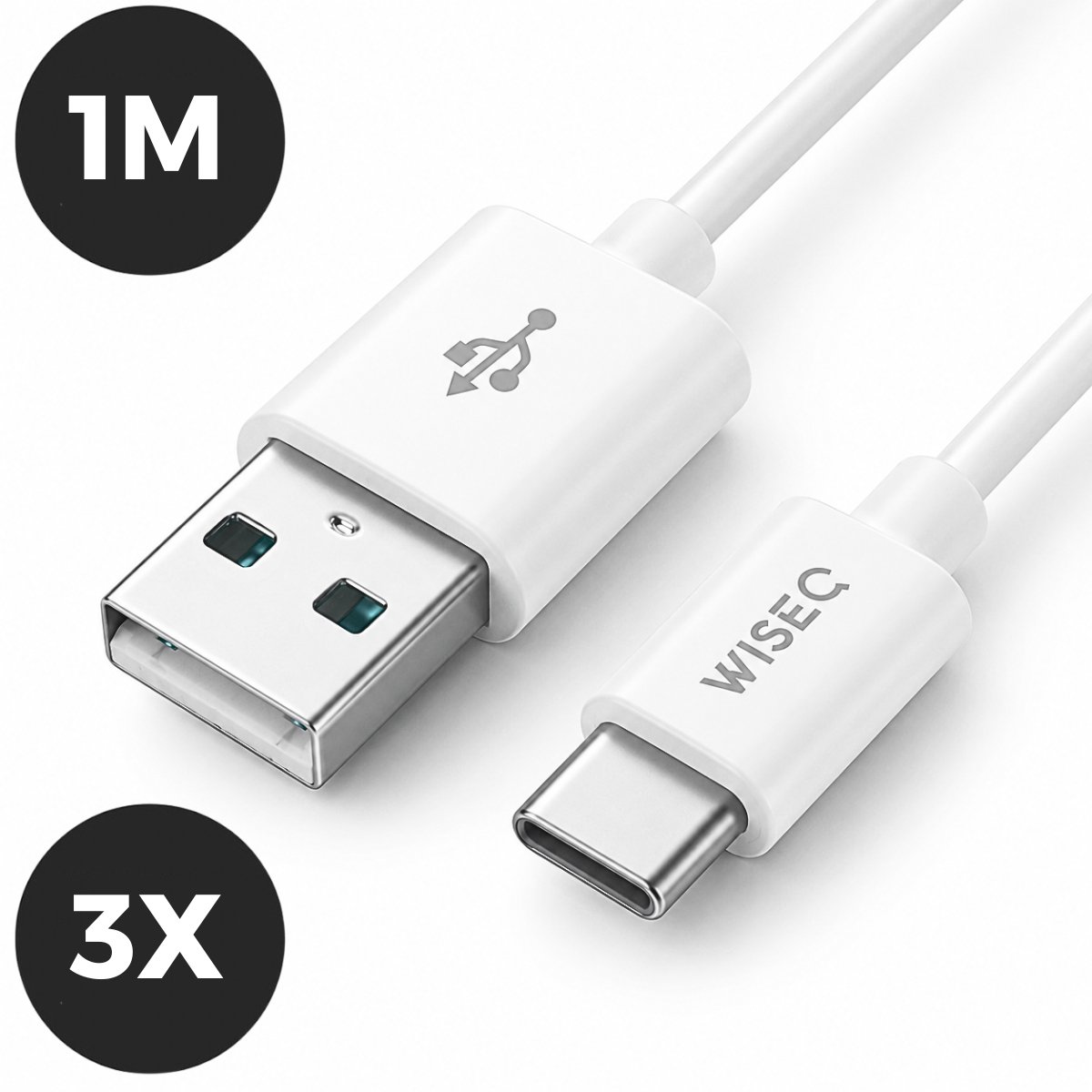 USB naar USB C kabel 1 m - 3 stuks - geschikt voor iPhone 17 / 16 / 15 - geschikt voor Samsung Galaxy en andere USB C apparaten - wit - WiseQ
