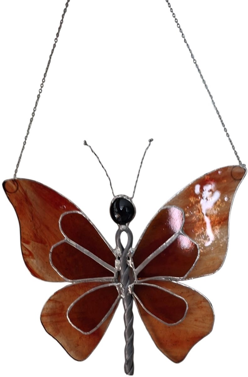 MM deco - vlinder hanger tiffany - raamhanger oranje - 17x30 cm - glas en lood - handgemaakt woondecoratie