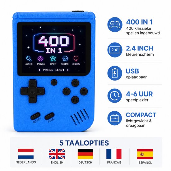 FivesquareNL Retro Handheld Game Console – 400 Spellen – USB Oplaadbaar – 2.4 Inch Kleurenscherm – Draagbare Spelcomputer voor Kinderen & Volwassenen – Blauw