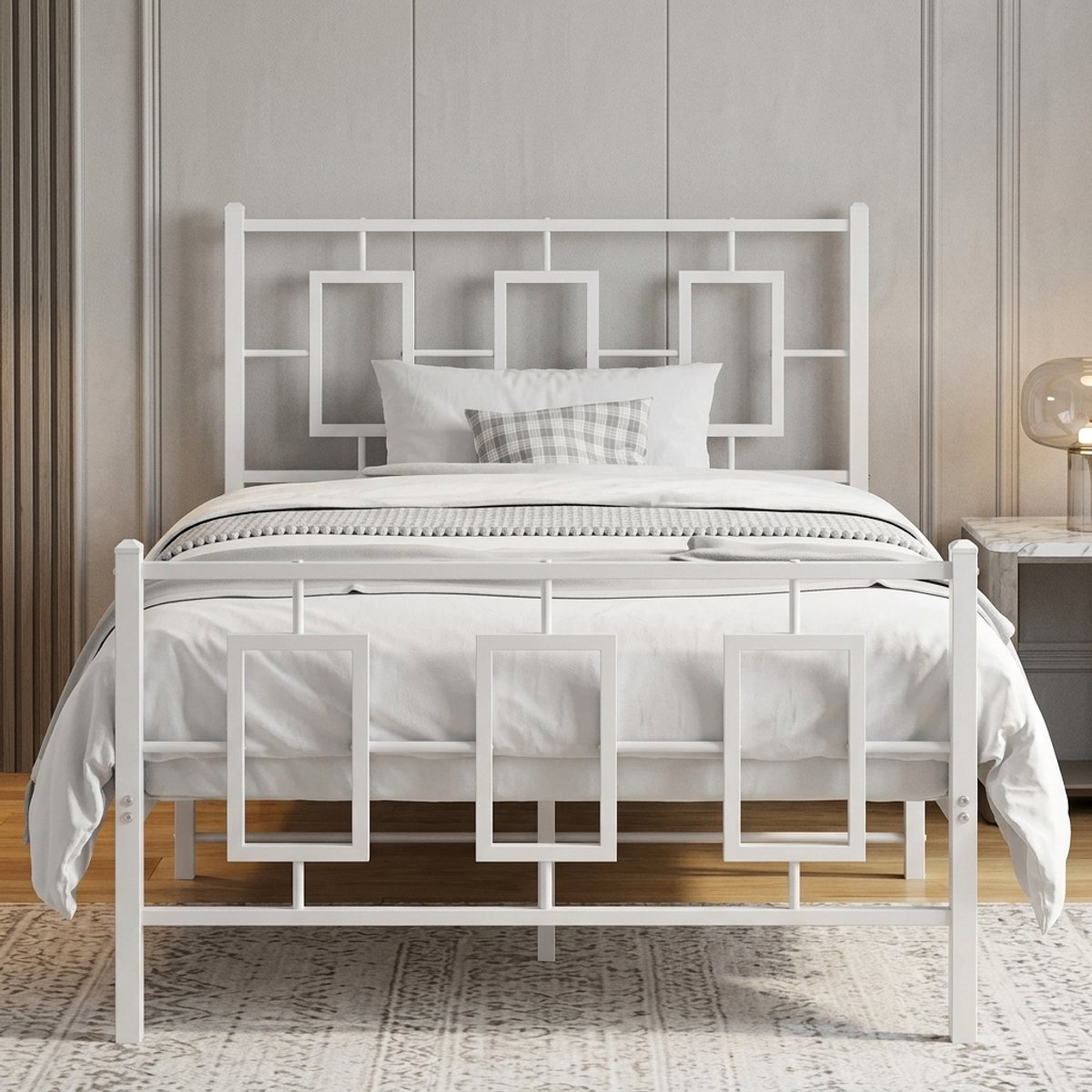 Modern Metalen Bedframe Wit 100x200 cm – Stevig Eenpersoonsbed met Hoofdbord & Voetbord – Duurzaam Jeugd- en Slaapkamerbed – Minimalistisch Design – Medahomestore