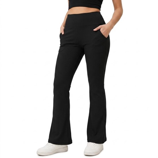 Zwarte fitnessbroek dames maat L hoge taille flare legging sportbroek met zakken stretch yoga broek bootcut trainingsbroek