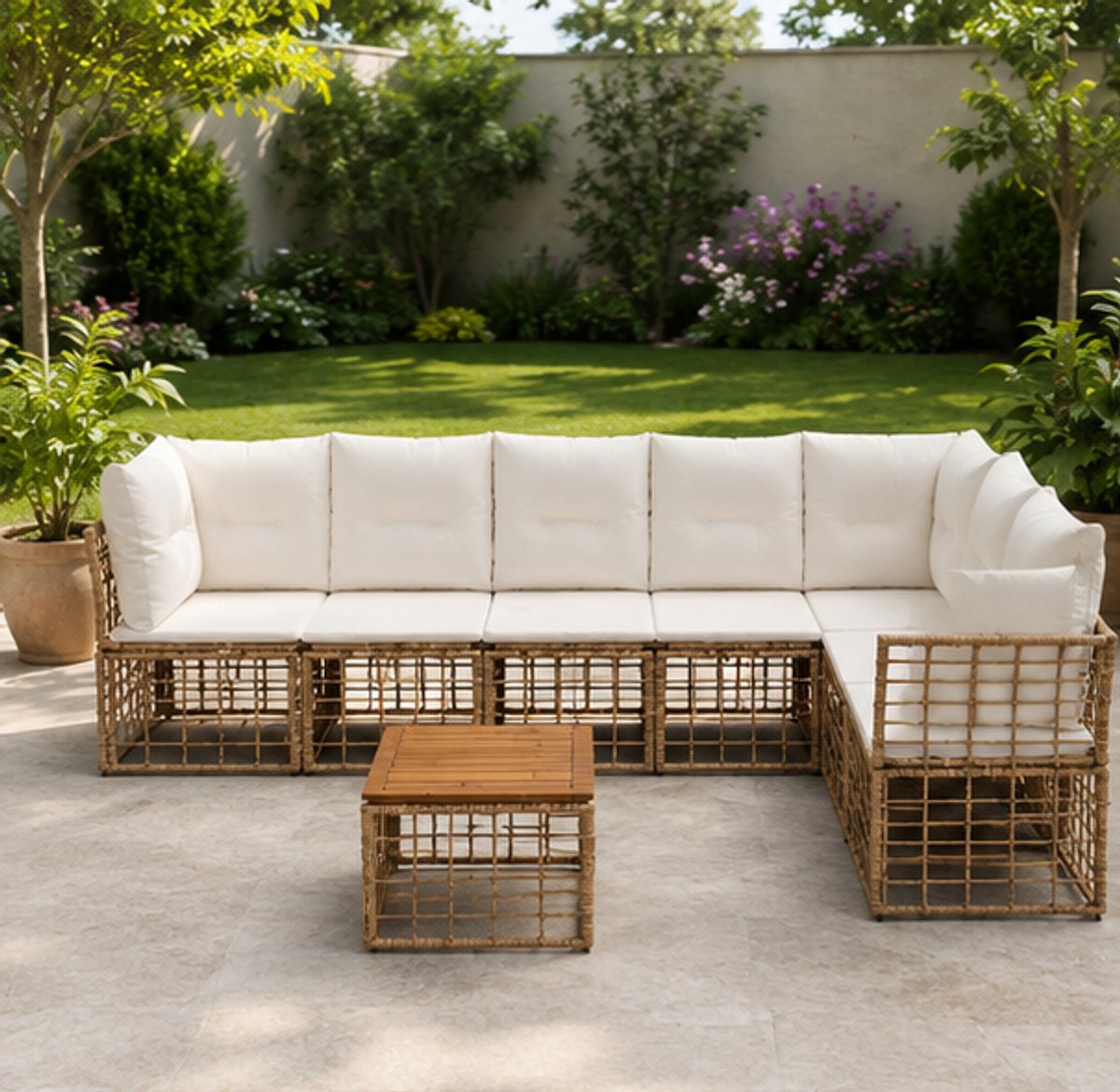 Modena 8-delige Loungeset – Poly Rattan Tuinset met Crèmekleurige Kussens – Naturel Medahomestore