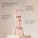 Roze ladyshave op een standaard, waterdicht, draadloos, en geschikt voor nat en droog gebruik.