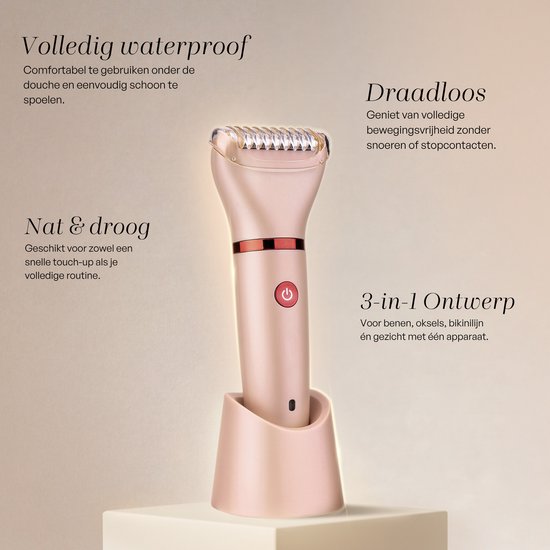 Roze ladyshave op een standaard, waterdicht, draadloos, en geschikt voor nat en droog gebruik.