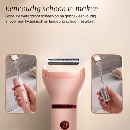 Roze ladyshave die onder de kraan wordt afgespoeld, scheerkop wordt schoongemaakt.