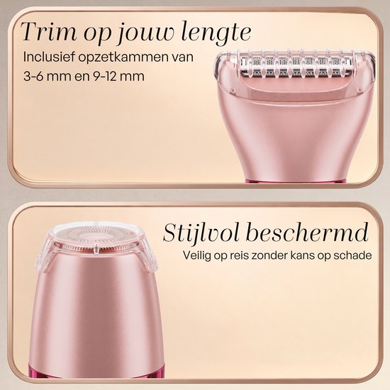 Opzetstukken van de roze ladyshave voor trimmen van 3-6 mm en 9-12 mm, en beschermkap.