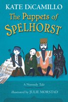 Couverture du livre 'The Puppets of Spelhorst' avec des illustrations de quatre personnages: un hibou, une fille, un roi et un loup. Titre en lettres jaunes.