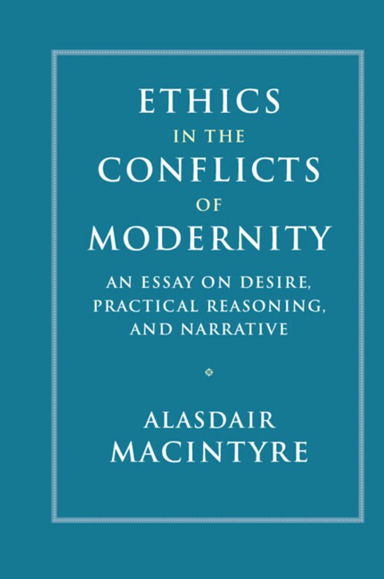 Boek "Ethics in the Conflicts of Modernity" met de titel in witte letters op een blauwe achtergrond.