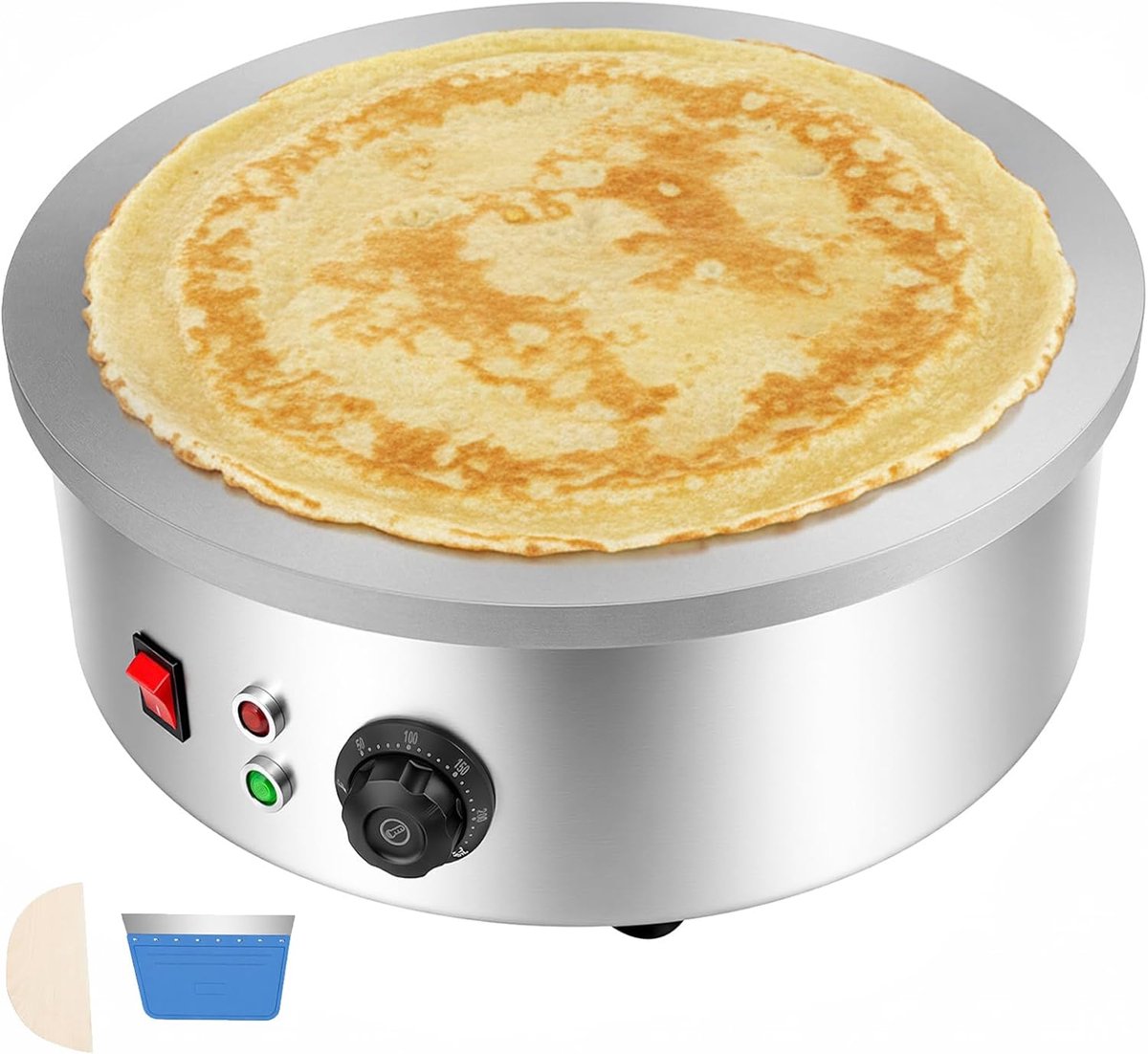 Elektrische Pannenkoekenpan - Crêpeplaat Bakplaat - Pannenkoeken Bakken - Grote Gietijzeren Plaat - 45 cm - Zilver