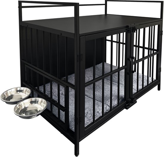 Zwarte hondenbench met twee deurtjes, twee metalen voerbakjes aan de zijkant en een grijs, zacht kussen.