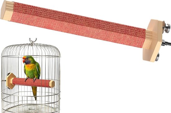 Verwarmde zitstok met rood textiel, bevestigd in een vogelkooi met een groene parkiet erop.