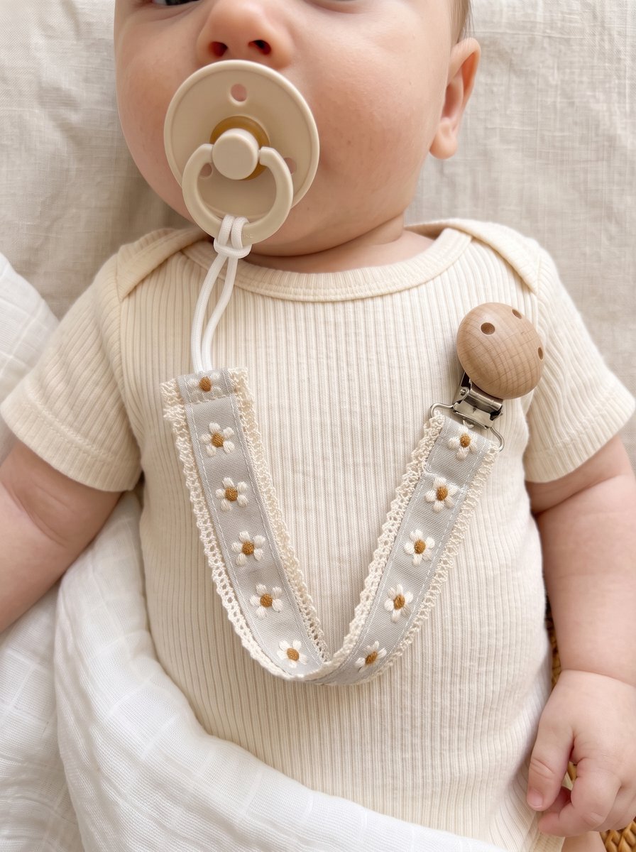 Fopspeenhouder Baby Grijs | Speenkoord Katoen met Madeliefjes | Houten Clip | Speenketting | Kraamcadeau Jongen en Meisje | Babyshower Cadeau | Luxe Speenkoord voor Pasgeboren Baby | Neutraal Babycadeau | Handig Speenkoordje voor Fopspeen | Cadeautip – foto 5