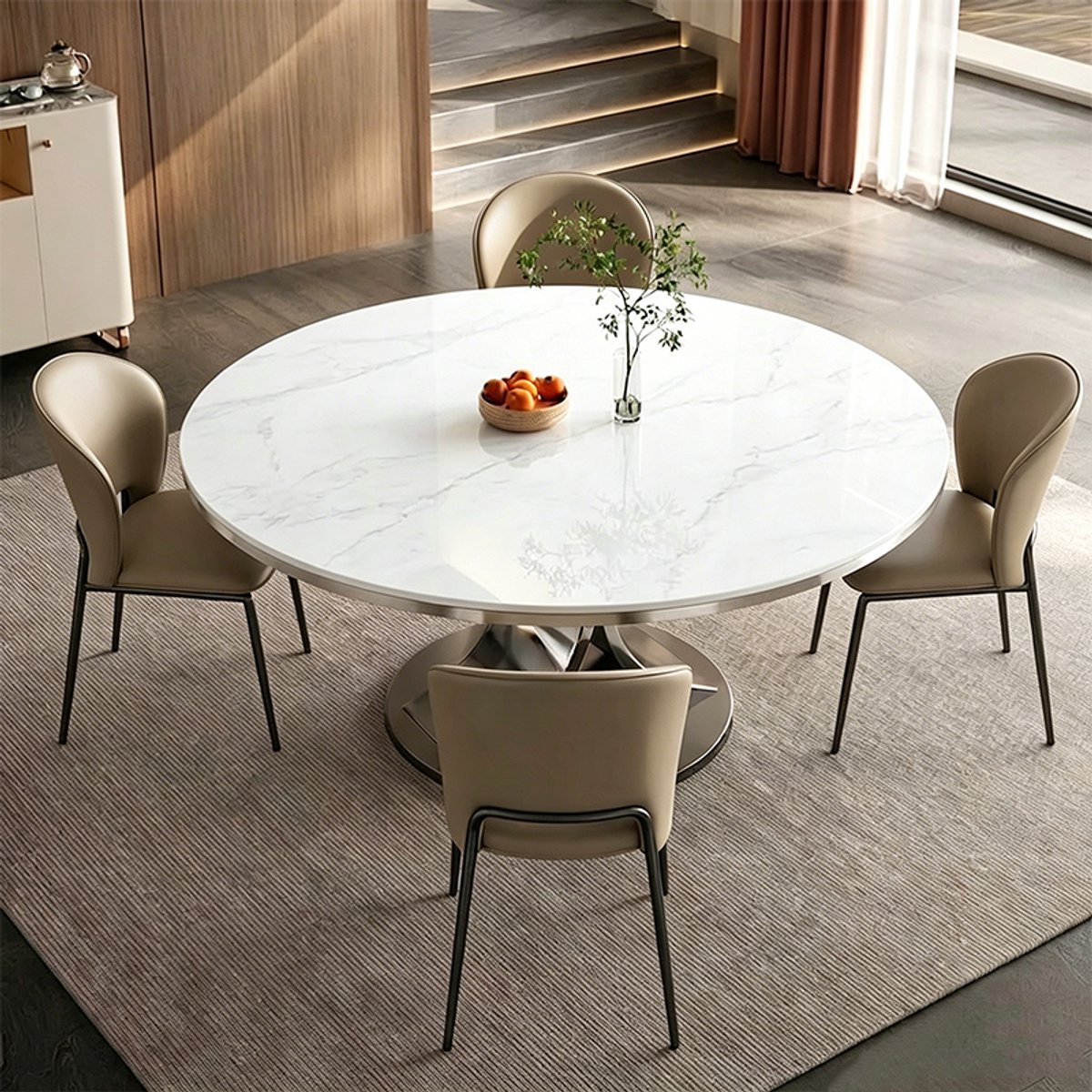 Luxe 5-Delige Eethoek: Ronde Eettafel Ø 150cm (Sintered Stone / Keramiek Marmerlook) inclusief 4 Kaki Eetkamerstoelen (Microvezel Leer) - Koolstofstaal Onderstel - Hittebestendig & Modern Design