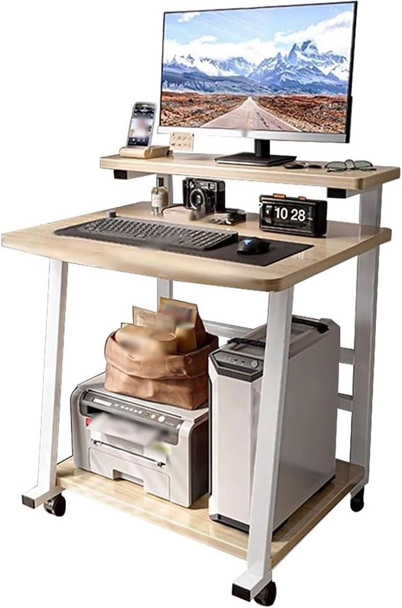 Bureau met Wielen - Werkplek Tafel - Thuiswerken Flexibel - Met Monitorsteun - 80 cm - Wit