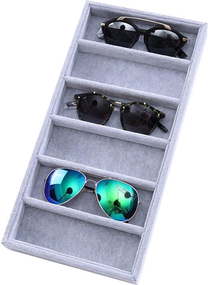 Opbergdoos Brillen - Displayhouder Accessoires - Overzichtelijk Opbergen - Houten Constructie - 38x18x3.7cm - Grijs