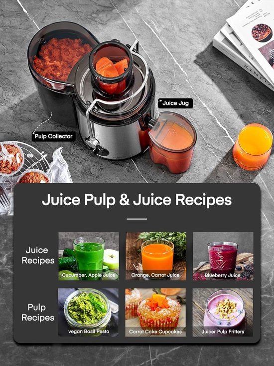 Sapcentrifuge 800 W RVS - Juicer voor Groenten en Fruit met 65 mm Vulopening - Slowjuicer Alternatief met 3 Snelheden, Anti-Druppelfunctie en Oververhittingsbeveiliging — afbeelding 2