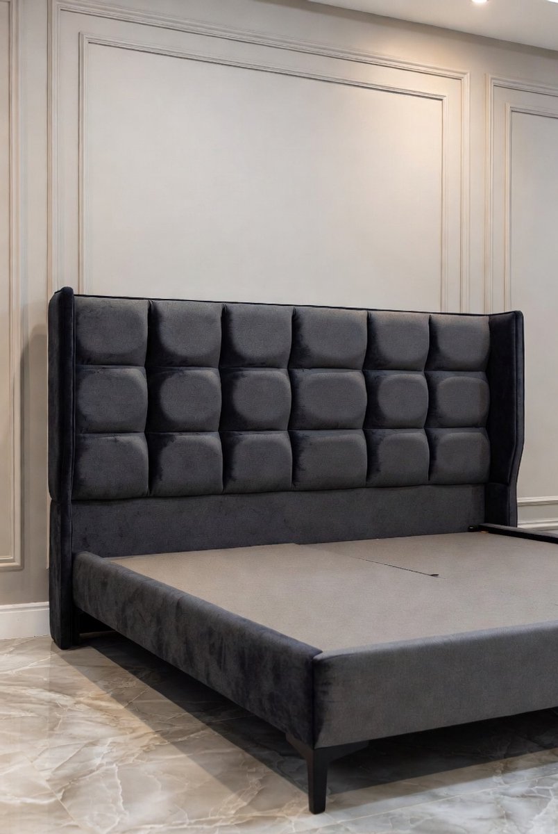 Luxe Gestoffeerd Tweepersoonsbed 140x200 cm met Hoofdbord en Lattenbodem – Modern Bedframe met Opbergruimte – Donkergrijs Linnen – Medahomestore