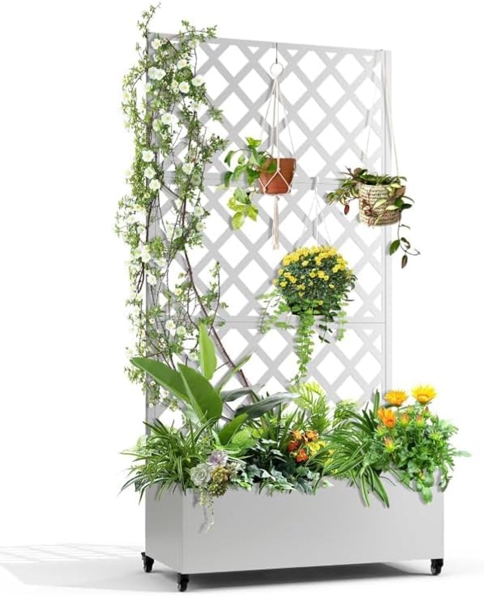 Verrijdbaar Metalen Privacy Scherm met Plantenbak - 3-Delig Tuinscherm met Trellis - 120 x 183 cm - Lasercut Bladmotief - Mobiel Windscherm & Klimrek - Voor Balkon, Terras en Tuin - Wit