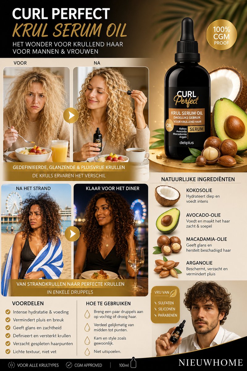 100 ML SPREY CURL PERFECT KRUL SERUM PROFESSIONEL MET KOKOS-, AVOCADO-, MACADAMIA- EN ARGANOLIE GESCHIKT VOOR DE CURLY GIRL METHODE, NATUURLIJK OF PERMANENT HAAR. VOEDT INTENS, HERSTELT, VERMINDERT PLUIS EN GEEFT GLANS. VOOR KAPPERS EN THUIS.