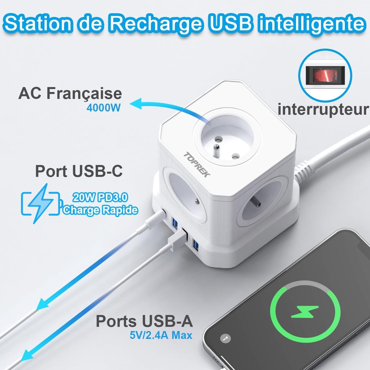 Stekkerdoos - Wit - 5 Franse AC-aansluitingen - 4 USB-poorten - Voor Thuis en Kantoor