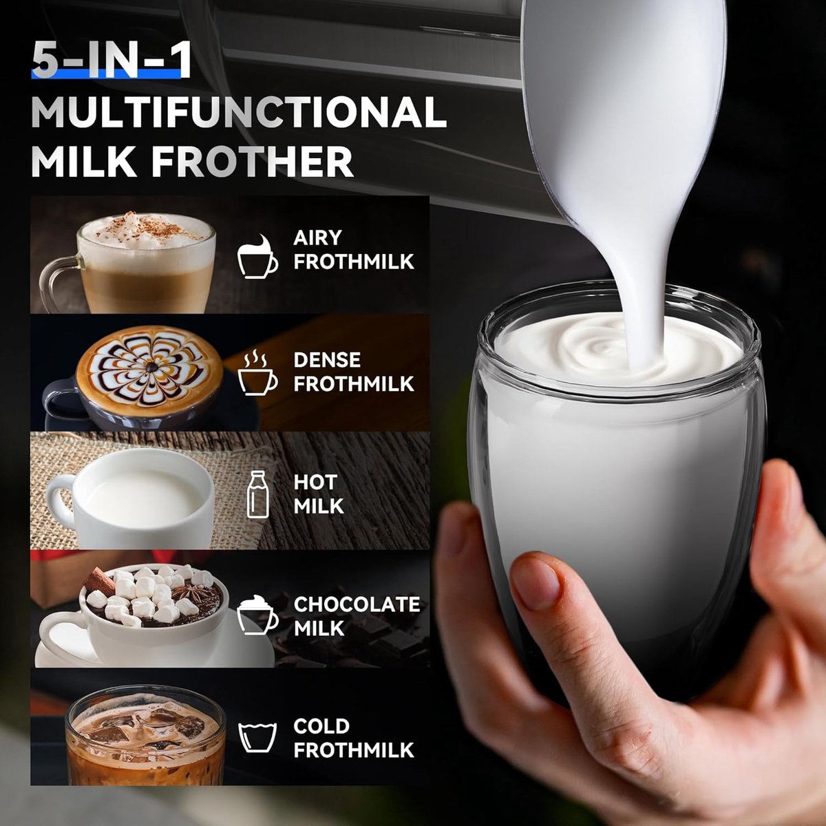 Elektrische Melkopschuimer 600 ml - 5-in-1 Automatische Melkopschuimer met Temperatuurcontrole - Voor Warm en Koud Schuim, Latte en Cappuccino — cadeau in Kookcadeaus - foto 5